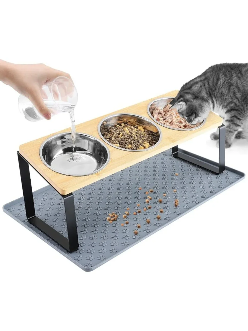 Elevated 15° Cat Bowls with Silicone Mat & 3 Stainless Steel Dishes